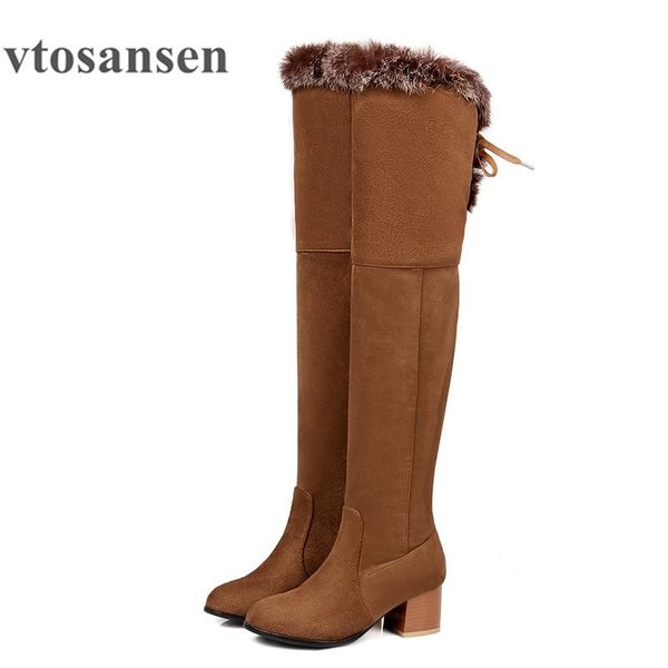

2021new shoes lacing over the knee boots women real fur large size 43 fashion black square heels woman winter shoes snow boots
