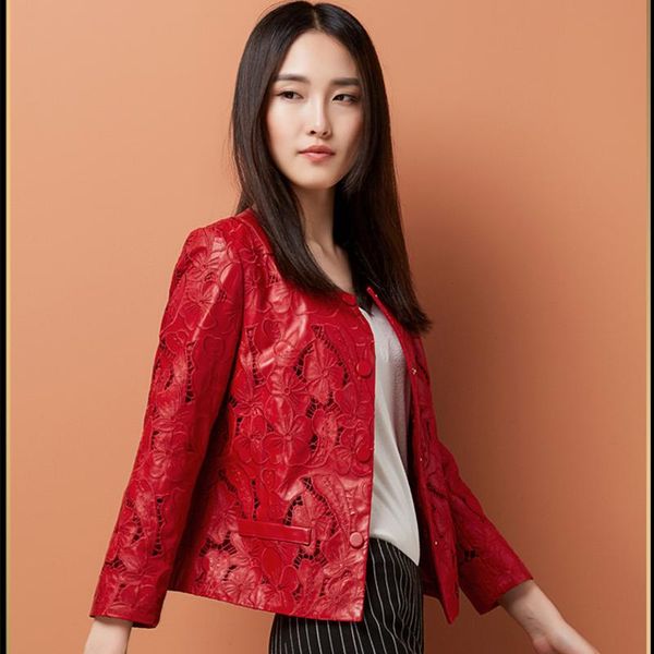

women's leather & faux fashion coat 2021 real women genuine jacket hollow out natural sheepskin for red jackets, Black