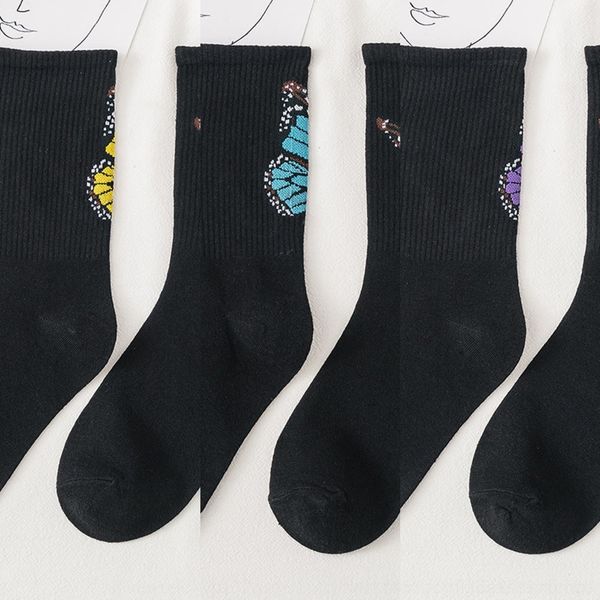 

bavvq женщин весна лето новая бабочка cotton-стрит ins гольфы бабочки и спортивные носки трубки скейтборд модные носки o мужчины и женщины, Black