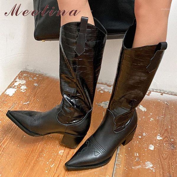 

boots meotina real leather high heel knee-high western women shoes pointed toe thick heels long lady autumn brown 401, Black