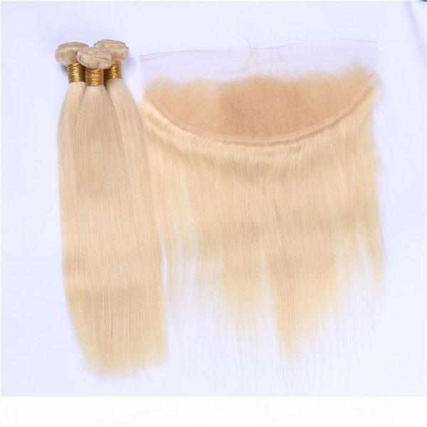 

#613 russian blonde human hair 3bundles with frontal 4pcs lot silky straight bleach blonde 13x4 full lace frontal closure with weaves, Black;brown