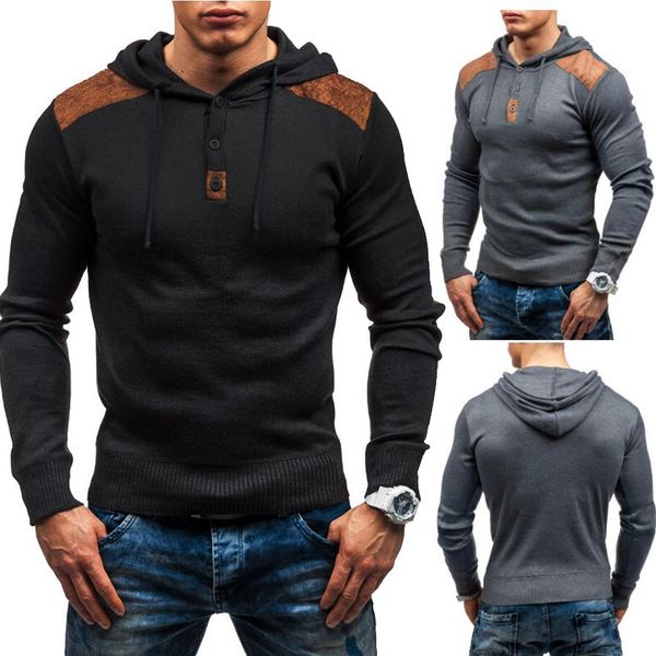 

2020 new foreign trade mens clothing hooded pullover double shoulder deerskin velvet patchwork sweater men 3084, Black
