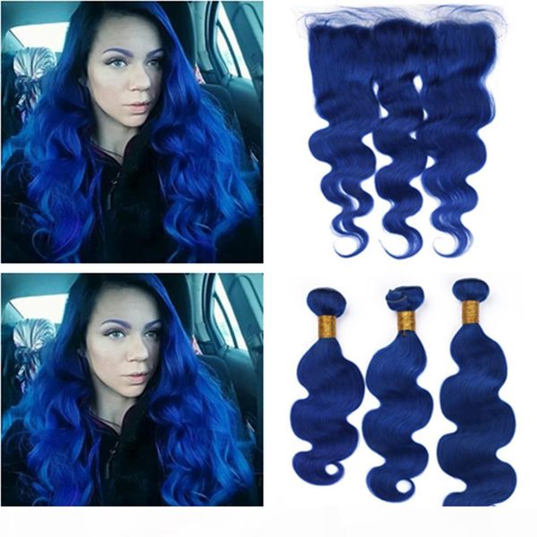 

brazilian dark blue human hair 3bundles with frontal closure body wave pure blue virgin hair weaves with 13x4 ear to ear lace frontal, Black;brown