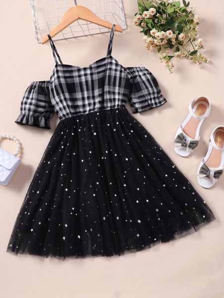 

girls plaid cold shoulder puff sleeve star mesh overlay dress she, Red;yellow