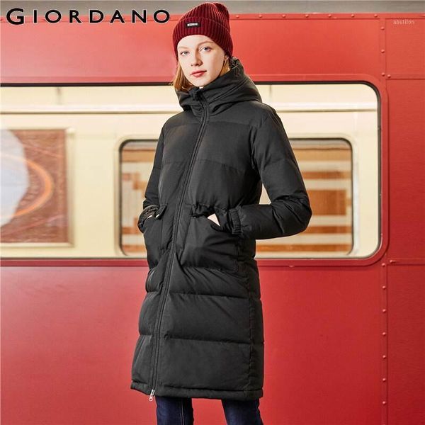

women's down & parkas giordano women jackets mid-long hooded 90% coat winter flap pockets windproof warm doudoune femme 053797381, Black