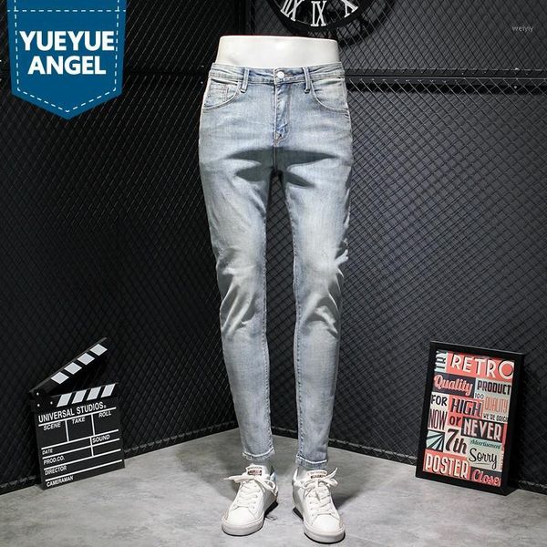 

light blue washed jeans men spring summer new high street slim pencil pants preppy style casual biker denim trousers male 28-381