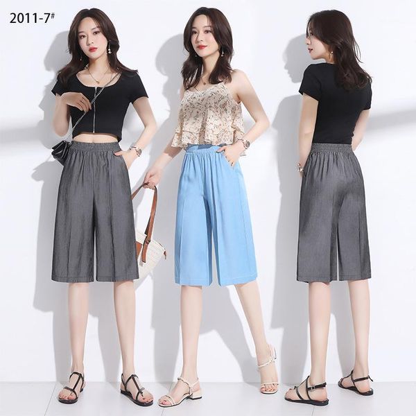 

nonis women pants summer elastic waist knee length thin cool loose casual 2020 wide leg solid peated pockets trousers1 women's & capris, Black;white