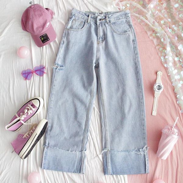 

women's jeans 2021loose ins teen girls students harajuku korean wild vintag hem heans wide-leg pants high waist casual nine, Blue
