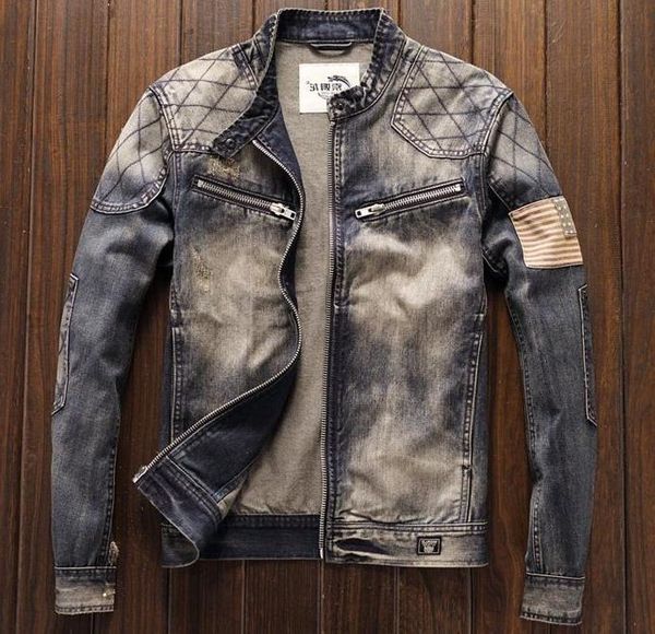 

blue denim men's vintage classic biker motorcycle jacket stand collar retro slim fit usa flag jeans coat drop shipping, Black;brown