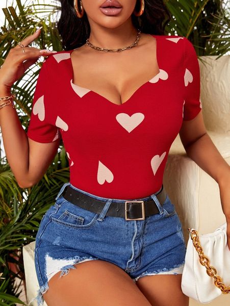 

heart print sweetheart neck tee q5lw#, White