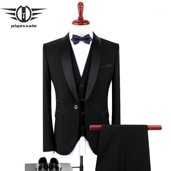 

plyesxale black suit men 2021 slim fit groom wedding suits for men stylish brand shawl collar formal business dress suits q1281, White;black