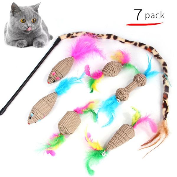 

7 pcs pet cat teaser toys feather linen wand cat catcher teaser stick wood rod mouse toy with mini bell interactive toys