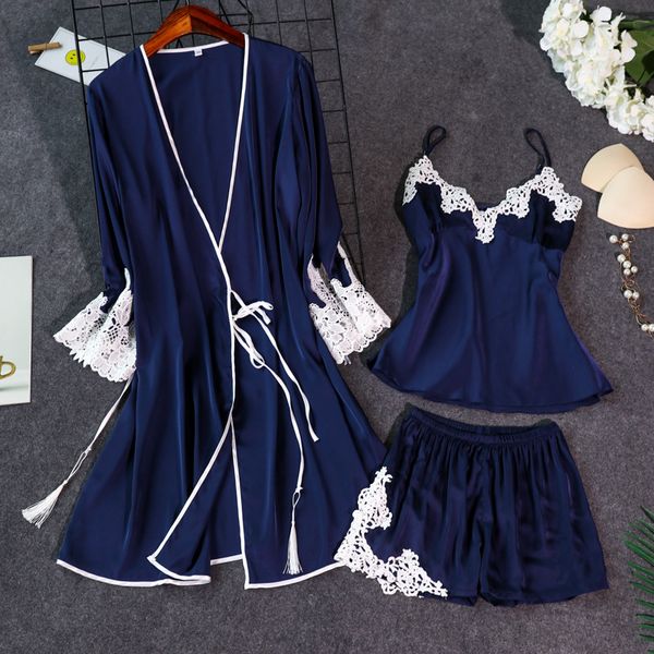 

pajama women's summer suspender shorts ice silk nightgown three piece set with breast pad morning gown fun pajamas, White