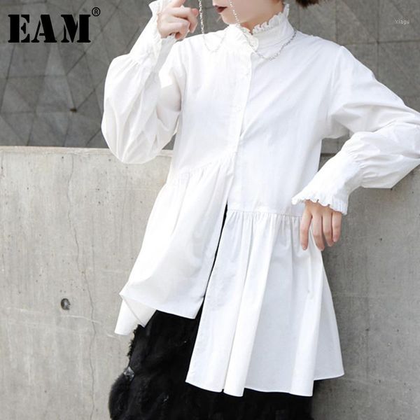 

eam] 2020 spring woman new solid white color long sleeve stand collar single breasted pleated irregular loose shirt li2191