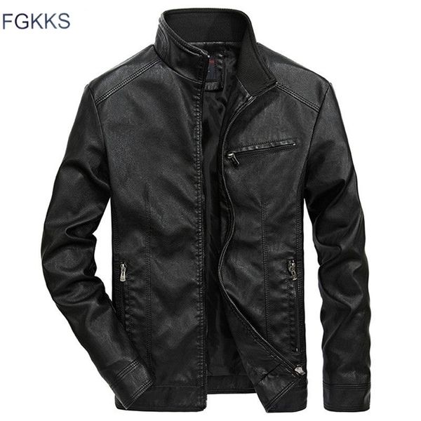 

fgkks brand warm men leather jacket mens leather motorcycle standing collar motorcycle style men's leather jackets 201223, Black
