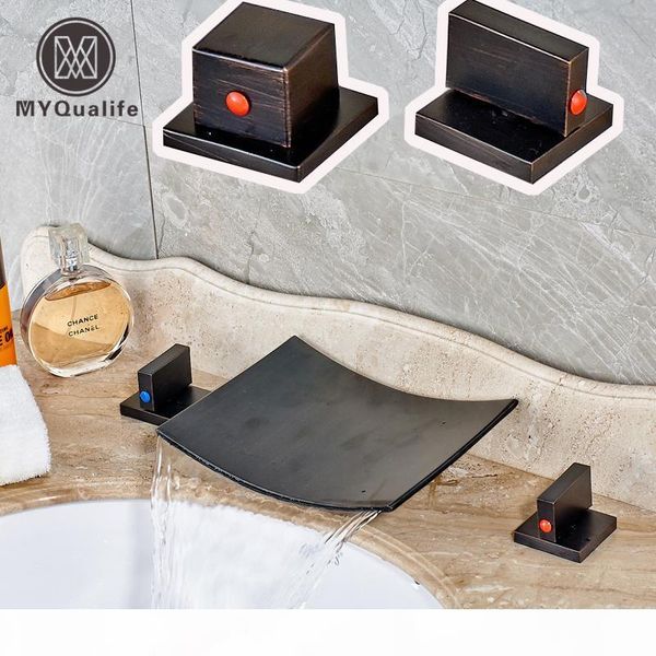 

wholesale and retail waterfall bathroom basin faucet double handles deck mounted wash basin mixer taps