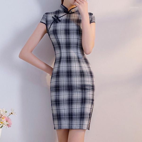 

cotton short qipao summer dress women traditional chinese clothing vintage fashion sweet girl plaid cheongsams dresses vestidos1, Red