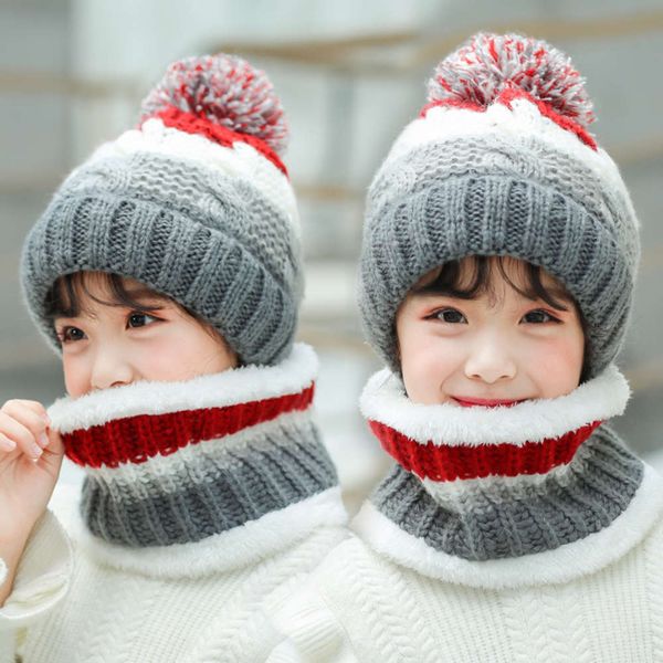 

and children's autumn knitting wool with cover warm neck protection scarf set 5-12 years old baotou hat winter, Red;brown