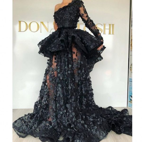 

black illusion lace evening dresses with peplum sheer full sleeves one shoulder prom dress long see through vestidos de fiesta, Black;red