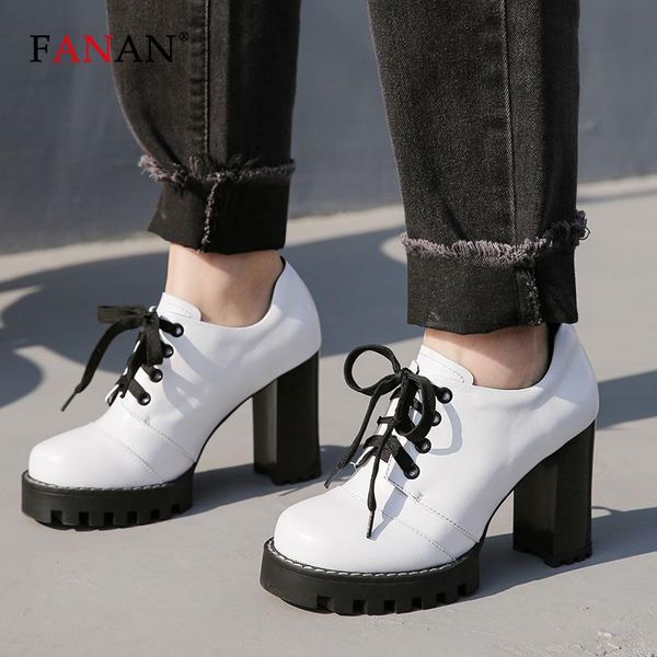 

fanan fashion autumn shallow ankle boots women's genuine leather sewing round toe square high heels shoes handmade lace up boots, Black