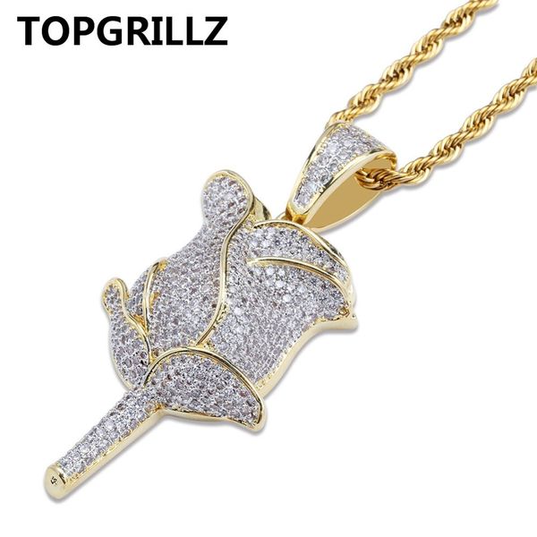 

rillz gold rose flower petals necklace & pendant with 4mm tennis chain iced out cubic zircon bling men hip hop jewelry giftsq0115, Golden;silver