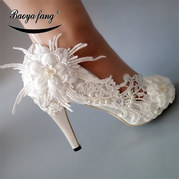 

baoyafang new white lace flower shoes woman high heels pumps womens wedding shoes peep toe fashion shoes lj201112, Black