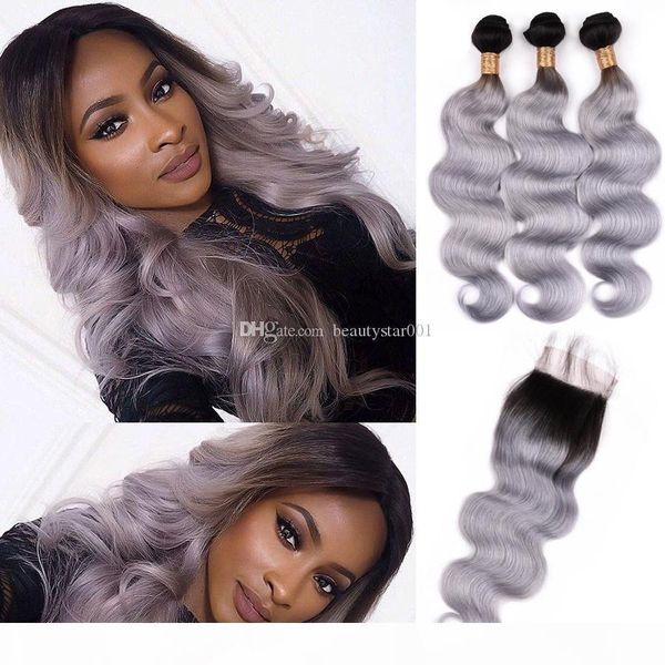 

1b grey ombre hair bundles with closure two tone brazilian body wave 3 bundles human hair with lace closure remy hair extension, Black;brown