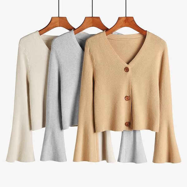 

v-neck knitted women's cardigan long sleeve coat slim short high waisted trumpet sleeve solid color buttons1, White
