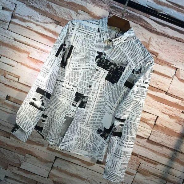 

new metrosexual personality slim men's clothing male vintage fashion newspaper printing art long sleeved shirt boy casual 1, White;black