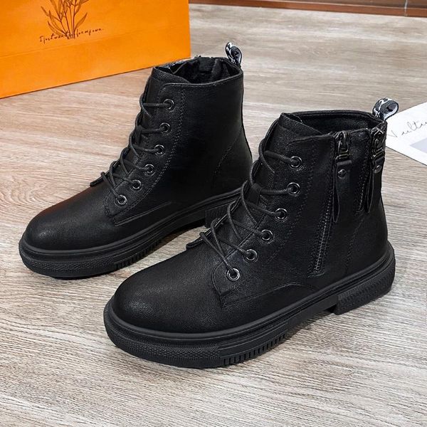 

2020 winter new short boots round toe boots mid-heel martin, Black