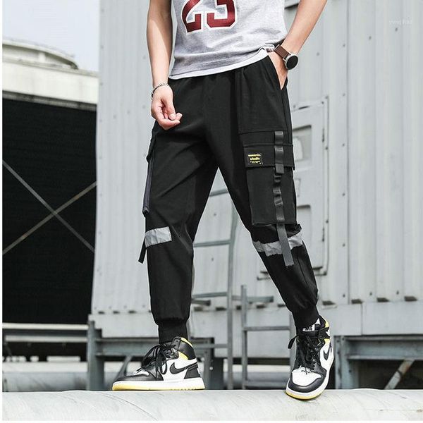 

streetwear men's multi pockets cargo harem pants hip hop casual male track pants joggers trousers harajuku ribbons men1, Black