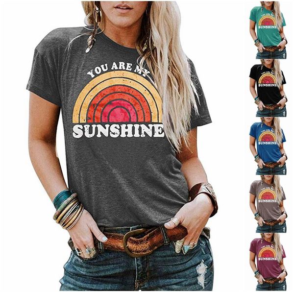 

горячие продажи лучшие продажи женская одежда you are my sunshine letter printed шею с коротким рукавом футболки, White