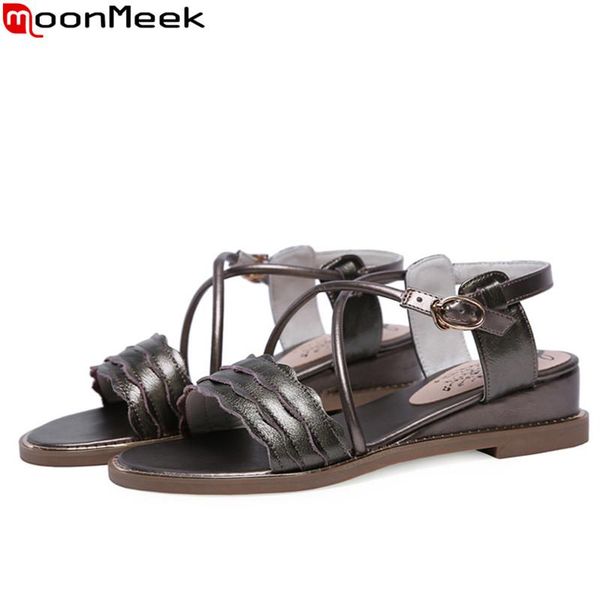 

moonmeek 2020 new shoes woman buckle genuine leather shoes women casual low heels wedges sandals women big size 34-43, Black
