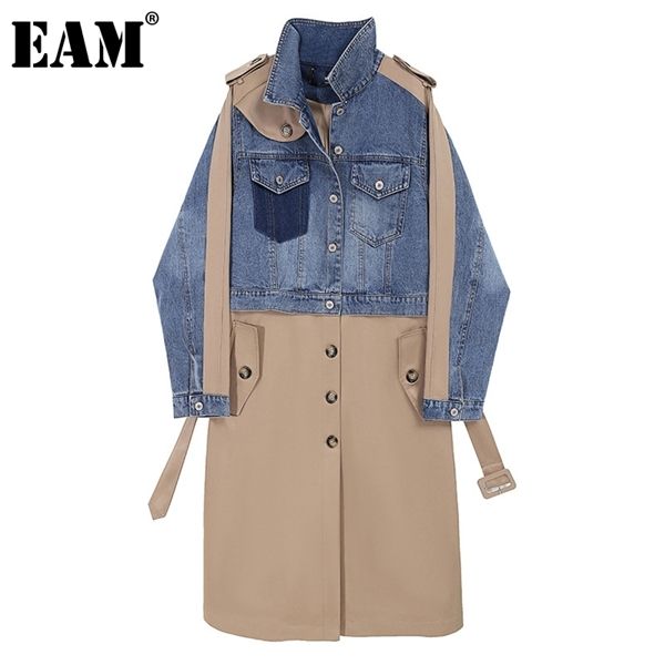 

eam] women khaki denim split joint long trench new lapel long sleeve loose fit windbreaker fashion spring autumn 2020 1db921 1028, Tan;black