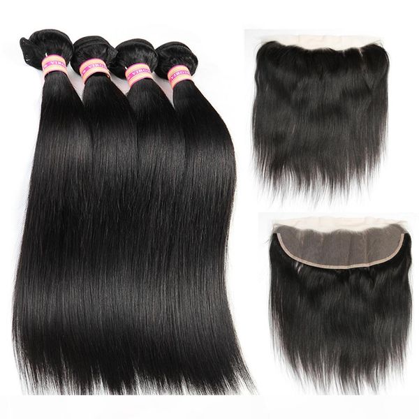 

siyusi indian straight virgin hair bundles with 13x4 lace frontal closure human hair extensions human weave bundles with closure bulk, Black;brown
