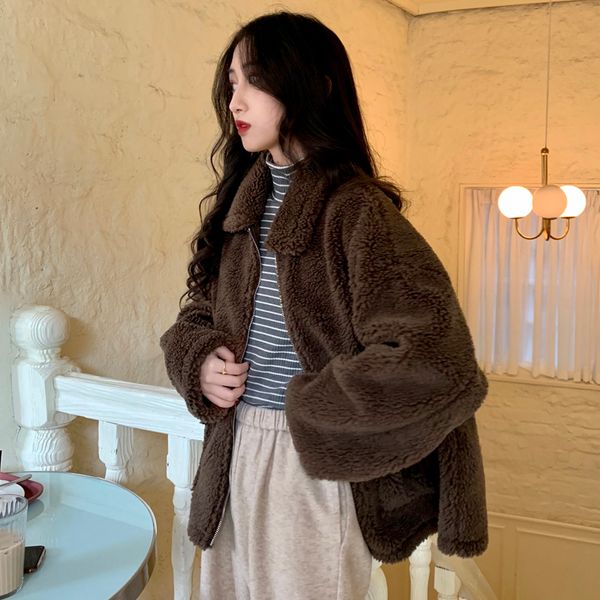 

2 colors autumn and winter korean style turn down collar solid color lamb wool warm coats and jackets womens (c2126) 201106, Black;brown