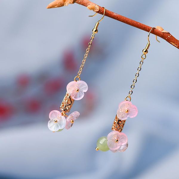 

fashion ethnic pink tassel flower earrings,vintage long natural stone earrings for women's 2021 new wholesale jewelry, Silver