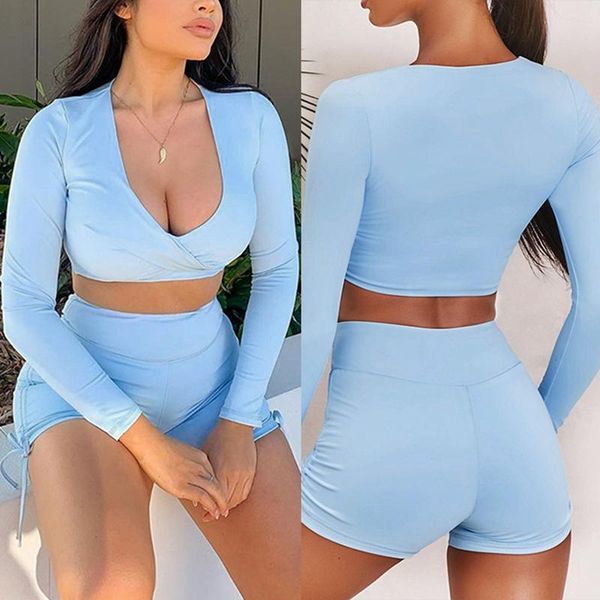 

women's yoga sports long sleeve fashion casual 2-piece set female blue, Black;blue