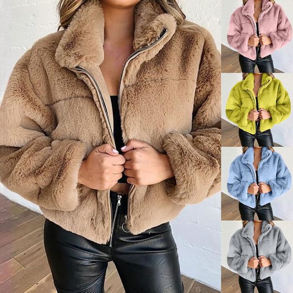 Casacos femininos mulheres casaco de pelúcia inverno pele falsa grosso plus size bolsos fofos jaqueta de pelúcia senhoras outono casaco outerwear