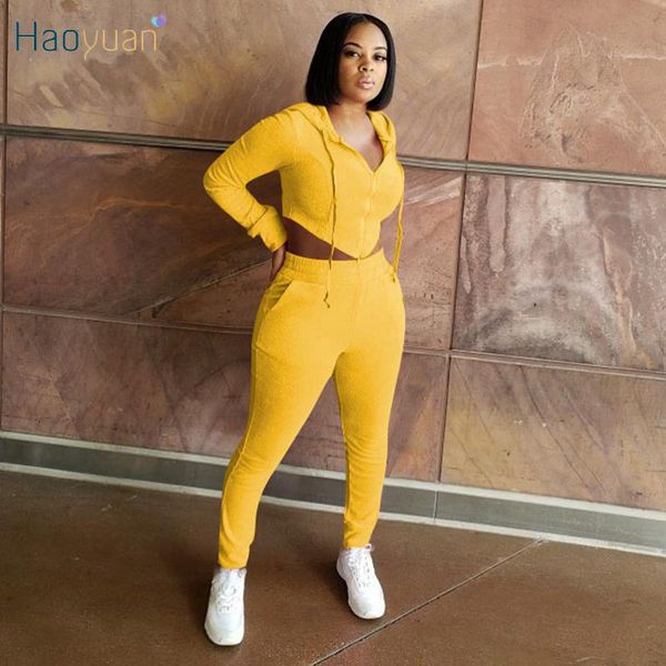 

haoyuan velvet two piece set long sleeve zip hooded pocket pants tracksuit women fall winter clothing matching sets, Gray