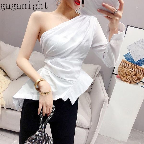 

gaganight korean fashion women blouse solid elegant office lady slim shirt irregular skew collar single long sleeve blusas chic1, White
