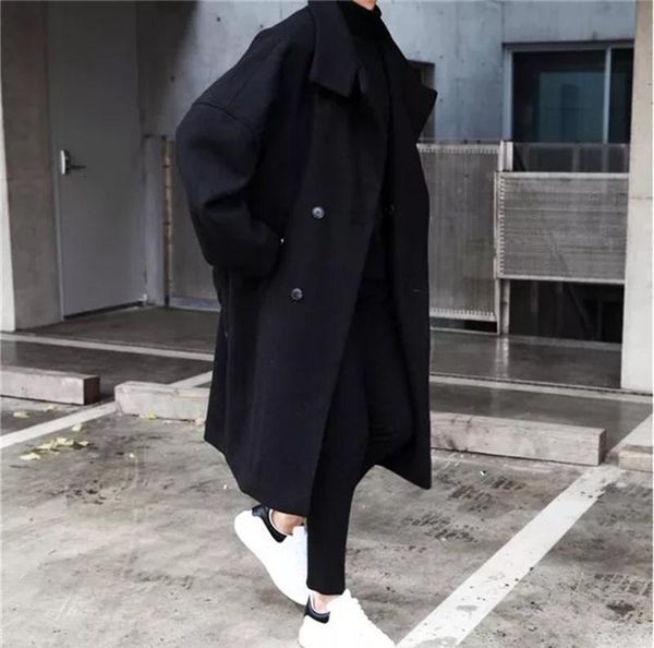 

mid length windbreaker men's winter thick korean fashion tweed over the knee coat ruffian cool brand fried street, Tan;black