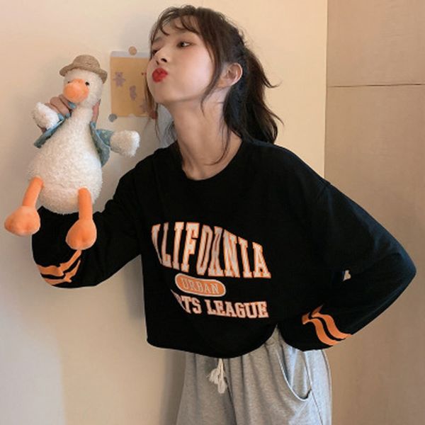 

6535 хлопок футболка свитера в начале осени в стиле кампуса короткого круглых женщин весной шея свитера и осенью большой длинный рукав футбо, White