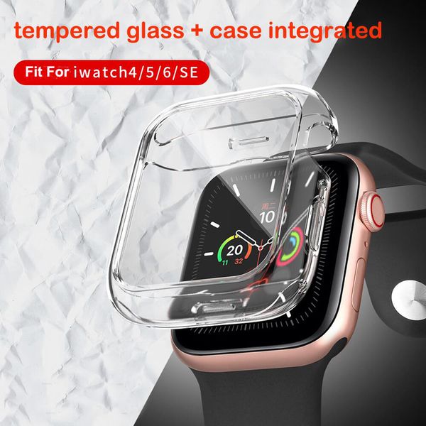 Capa de vidro temperado transparente para Apple iWatch 4 5 6 SE Soft TPU Cobertura completa Shell Smart Watch Case Capa Protetor Acessórios