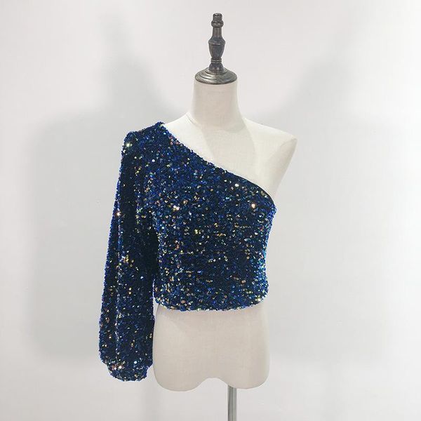 

laser sequined fashion women one shouder good quality bandage blouse blue color club style1, White