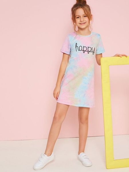 

girls letter graphic tie dye dress she, Red;yellow