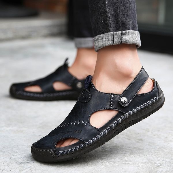 

summer sandals men slippers summer casual leather flat shoes soft comfortable beach sandals big size 38-48 y200107, Black