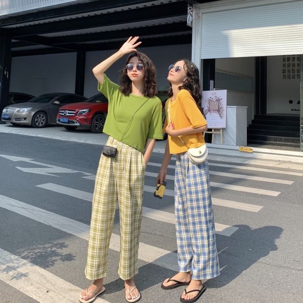 

chic loose plaid wide leg straight pants women's buttom korean punk harajuku ulzzang female cute vintage kawaii trousers y200418, Black;white