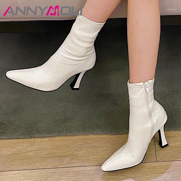 

boots annymoli women ankle shoes pointed toe stiletto heels lady zip super high heel stretch autumn winter black 431