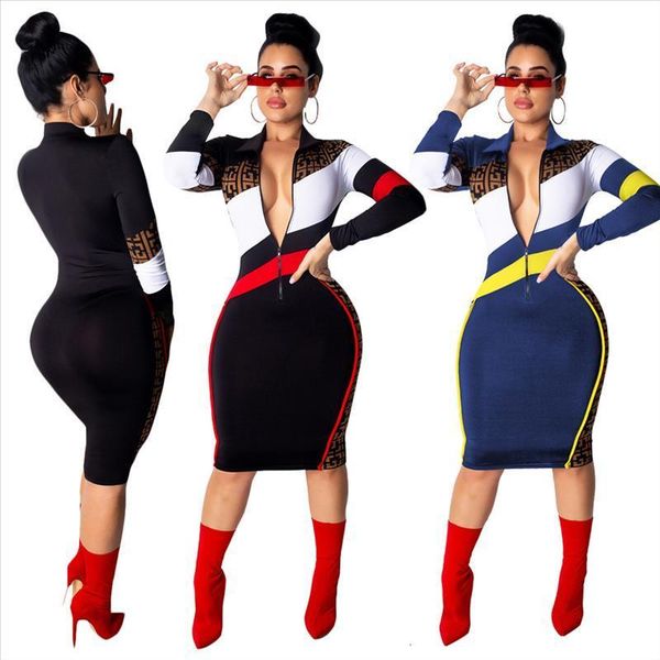 

new fashion women print dress patchwork knee length long sleeve bodycon dress party club ss3504, Black;gray